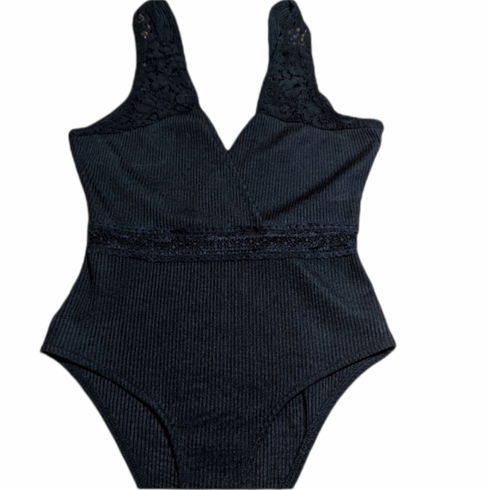 Topshop Black Lace/Crochet Ribbed Womens Body Suit Size 2 UK 6